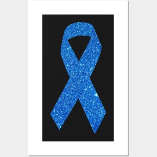 Blue Faux Glitter Awareness Ribbon Posters and Art